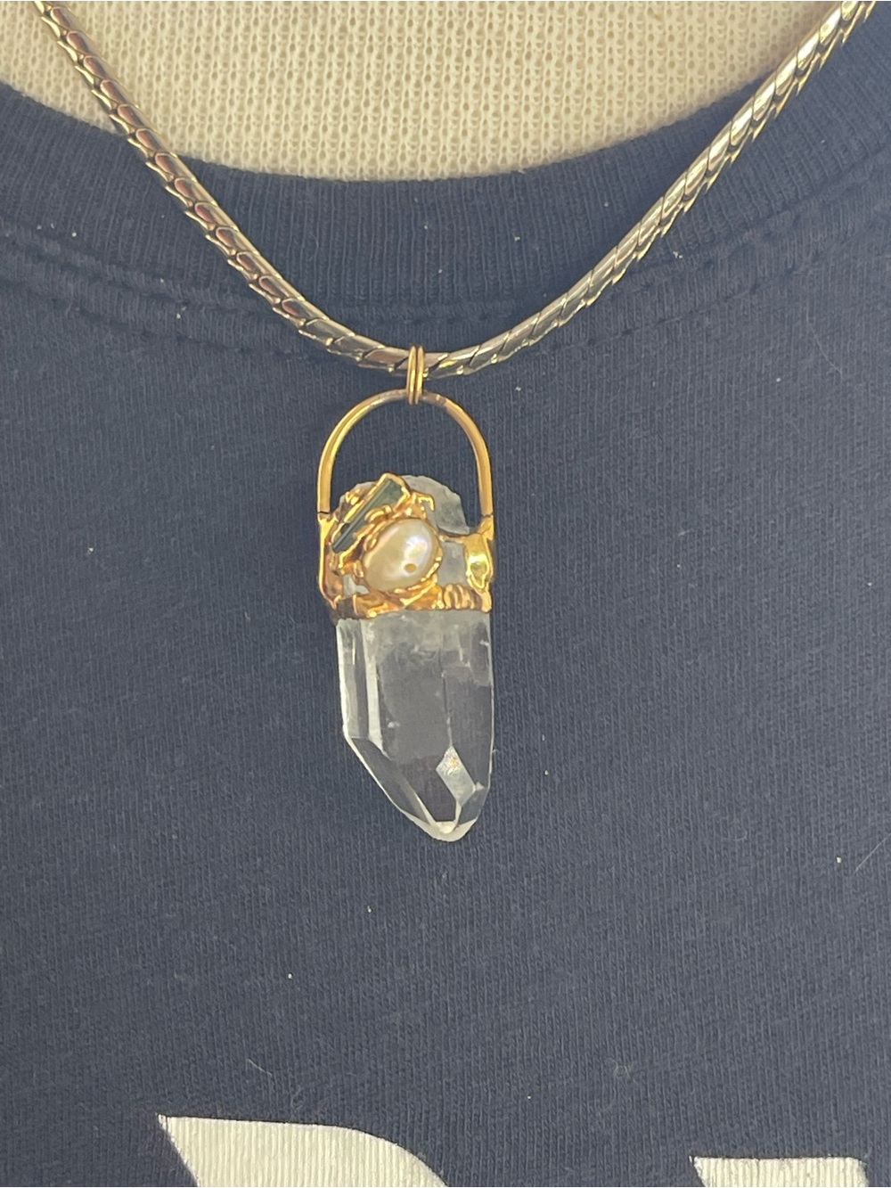 Gold Crystal Pendant Necklace with Pearl Accent - Women Jewelry